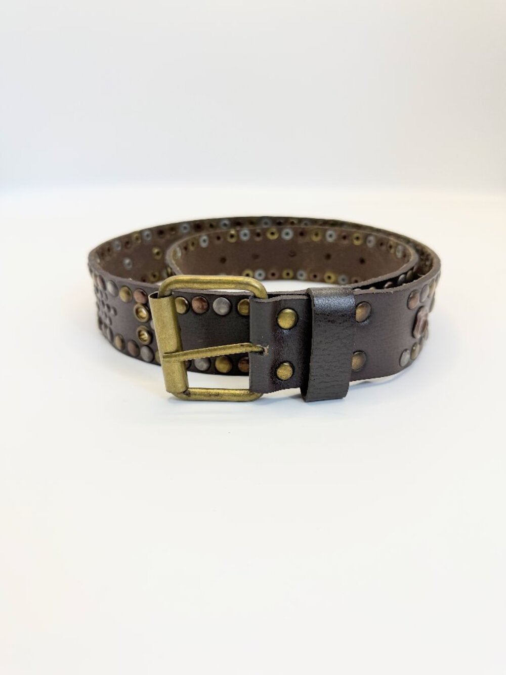 Unbranded Brown Leather Mixed Metal Studded Belt Western Boho 31"